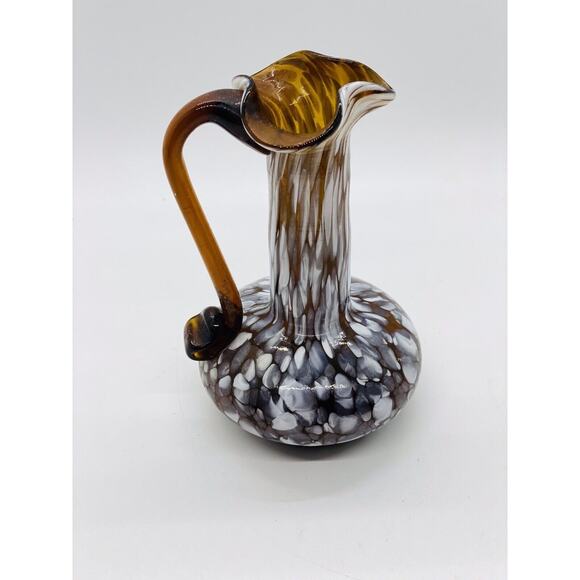 Studio Art Glass Brown blown vase pitcher /white splatter/swan handle - Picture 7 of 9